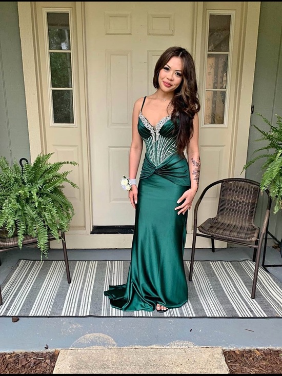 Dresses & Skirts - Emerald Green Satin Beaded Evening Gown